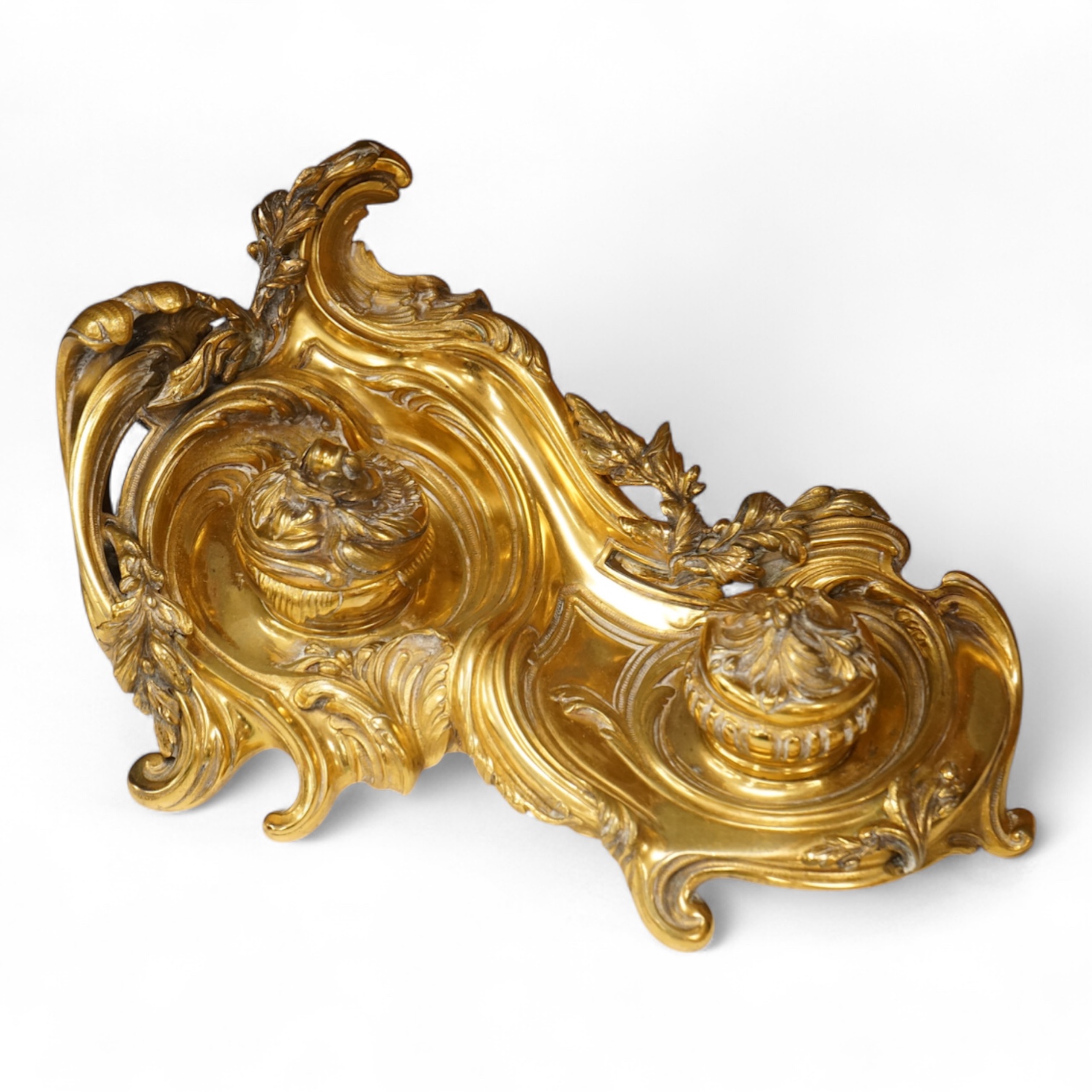 George Van de Voorde (Belgian, 1878-1970), an early 20th century rococo revival gilt bronze twin ink stand, 29cm wide